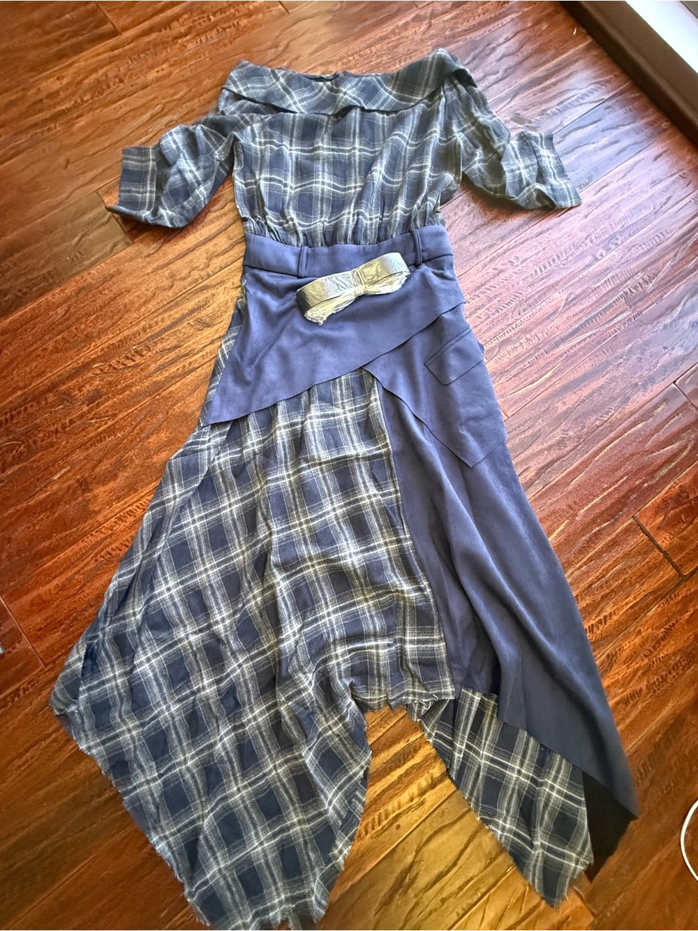 NWT MICAS Plaid Suede Off-Shoulder Belted Midi Dress